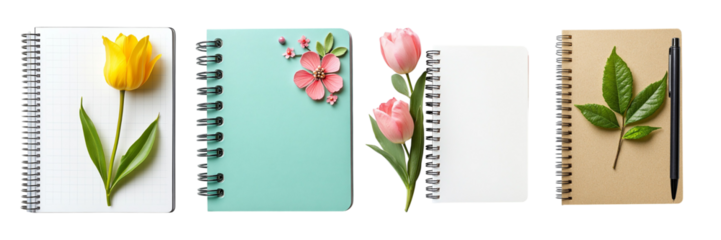 Set of colorful notebooks with floral designs and leaves isolated on transparent background, Cutout PNG