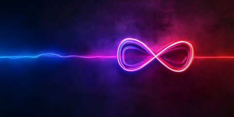 Infinity symbol glowing with neon lights on a dark background with blue and red light streaks