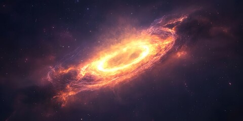 Obraz premium A vibrant galaxy with a bright orange center surrounded by dark clouds and distant stars around it