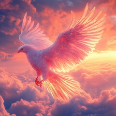 Majestic White Bird Soaring Through Colorful Sunset Sky