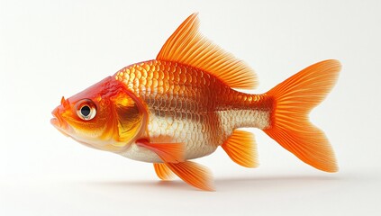 Vibrant orange goldfish with white underbelly, swimming gracefully against a stark white background. Its scales shimmer, reflecting light.