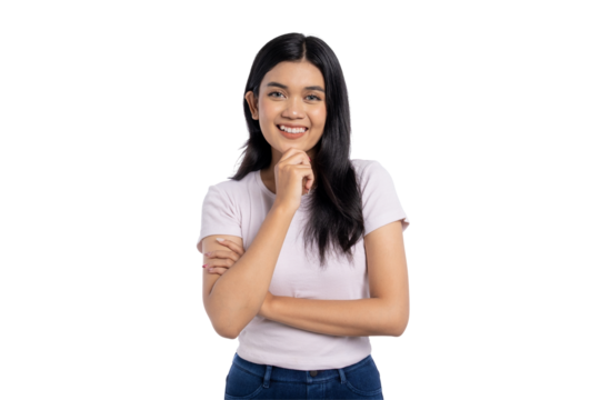 Smiling young woman with hand on chin, feeling confident and thoughtful, isolated on transparent background