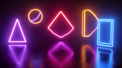 Illuminated abstract shapes reflected on a smooth black surface