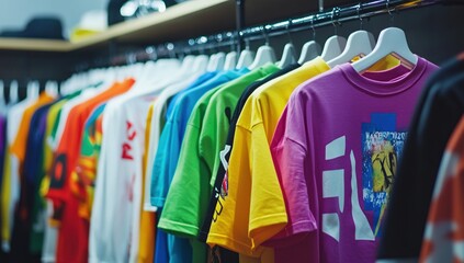 Obraz premium Vibrant Colorful T-shirts on Display, Clothing Store Apparel Fashion Styles, Retail Shop Merchandise Selection