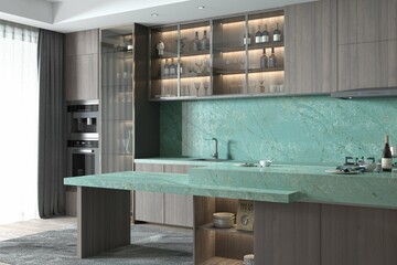 Kitchen in a modern style with a bold countertop, same bold glossy backsplash, wine bottle on countertop, kitchen utensils, wooden storage furniture, marble countertop, carpet on floor. 3D Rendering