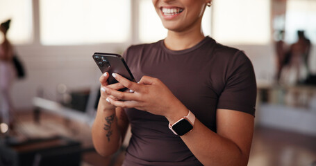 Gym, woman and laughing with mobile for fitness, exercise video and funny reel on social media....