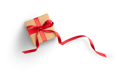 Present or gift box wrapped in brown craft paper and red ribbon on white background. Top view