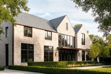 Obraz premium A contemporary brick mansion featuring expansive windows, beautifully nestled among vibrant greenery, basks in the warm glow of a sunny afternoon in the suburbs