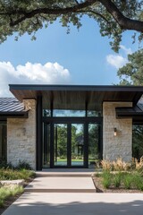 Modern residential entrance with stone and glass design set against a backdrop of lush greenery and blue sky during daytime in a tranquil environment