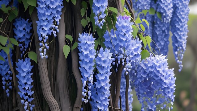 Wisteria (Wisteria sinensis) – A woody vine that can grow into tree-like forms, with cascading clusters of blue or purple flowers.