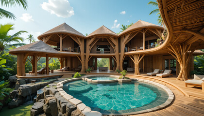 Fototapeta premium Luxury Bamboo Eco-Resort: A Tropical Paradise with Private Pool and Lush Greenery