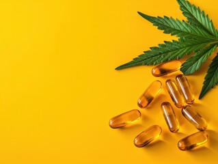 Capsule vitamin on reflection surface concept. Pills and cannabis leaves on a vibrant yellow background.