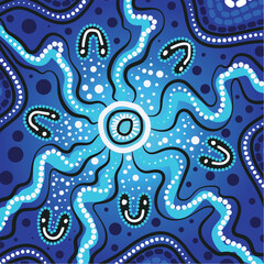 A vector-created blue background highlighting Aboriginal dot art
