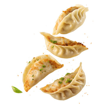  Fried gyoza dumplings flying isolated on transparent background