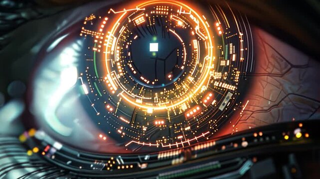 Cyber Eye: A close-up image showcasing a futuristic eye, its iris replaced with a complex network of illuminated circuits, symbolizing advanced technology, innovation, and the digital age.