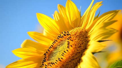 sunflower closeup on blue background