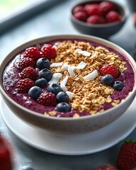 Overhead shot of a brightly colored acai bowl topped with fresh mixed berries, crunchy granola and coconut flakes, beautifully arranged on a white ceramic plate with natural light casting soft shadows