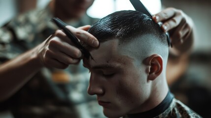 A soldier receiving a military haircut as part of boot camp preparation,