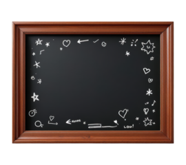 Vintage Wooden Frame Chalkboard with Hand Drawn Doodle Hearts, Stars, Arrows and Love Decorative Border Elements Isolated on Transparent and White Background