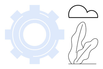 Gear symbol with minimalistic plant leaves and cloud. Ideal for innovation, sustainability, eco-technology, environment, industry, progress, cooperation. Flat simple metaphor