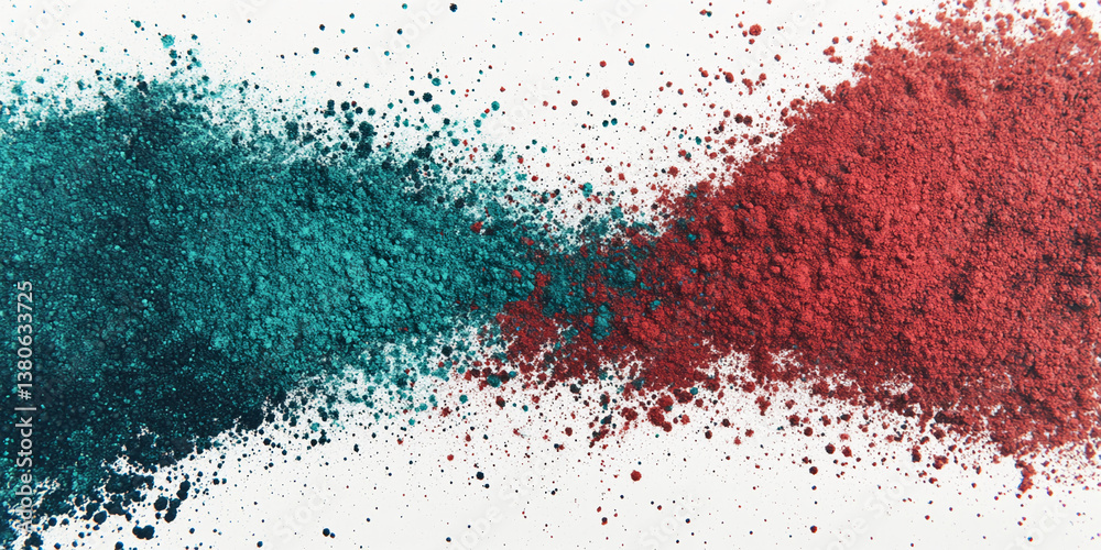 Poster teal and red powder pigments scattered on white background, creating vibrant contrast and texture, i