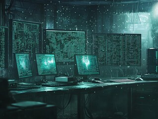 Cybersecurity Operation Center with Multiple Screens Displaying Code Data