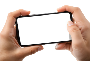 Realistic Hands Holding Smartphone – Isolated on Transparent Background.