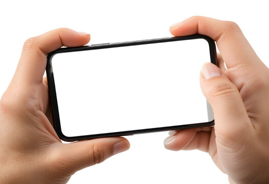 Realistic Hands Holding Smartphone &ndash; Isolated on Transparent Background.