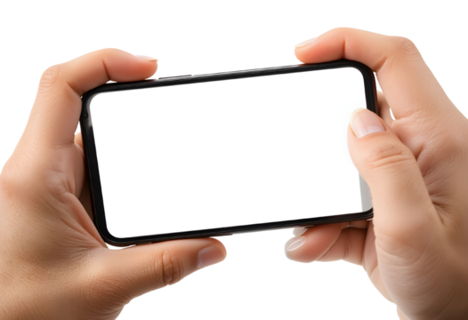 Realistic Hands Holding Smartphone – Isolated on Transparent Background.