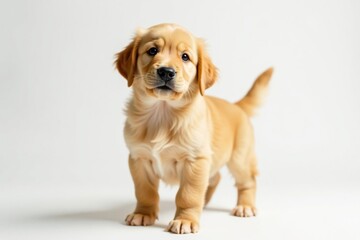 Golden Retriever puppy stands, looking at camera, white backdrop, pet, background, cute