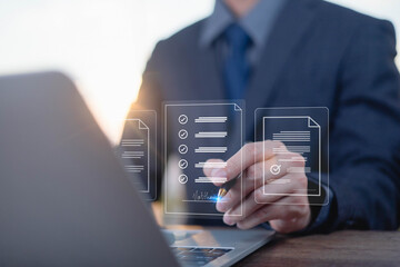 Digital Signature technology office. Businessman sign document, Show digital document virtual on...
