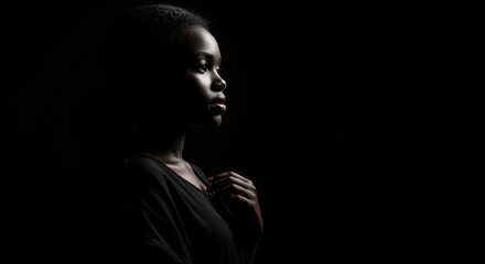 Pensive Young Woman in Shadow - A young African woman, dramatically lit, evokes contemplation, resilience, mystery, strength, and hope
