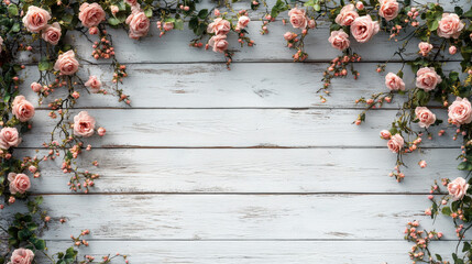 The background is made of white wood with rose and vine patterns scattered on it. There is a blank area below for weddings, parties or other events.