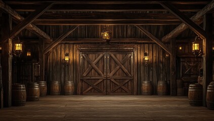 Explore Rustic Wooden Barn Interior with Antique Doors, Barrels, and Hanging Lanterns in Warm Lighting