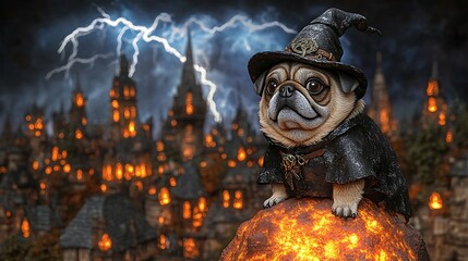 Obraz premium Pug wizard in glowing city at night
