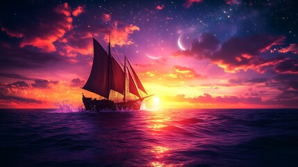 Fototapeta premium Sailing ship at sunset, starry night sky, fantasy seascape, imaginative travel, artistic photo