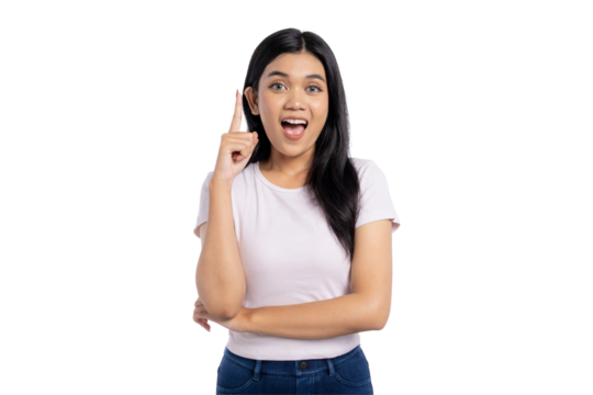 Excited young Asian woman having a great idea and pointing finger, isolated on transparent background