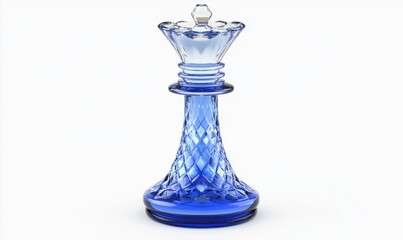 Blue glass queen chess piece on white background for game or strategy visuals