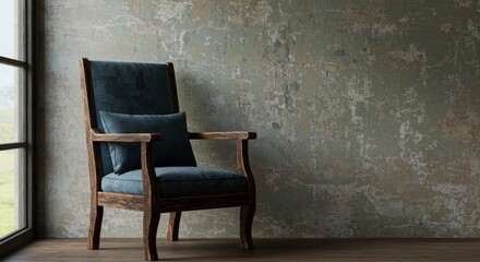 Rustic Wooden Armchair by Window with Distressed Wall - A comfy blue armchair sits by a window, showcasing rustic charm and home decor . It symbolizes comfort, tranquility, vintage , homeliness