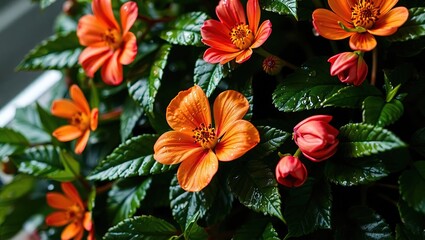 Dew-kissed foliage and blossoms, a fresh spring scene.