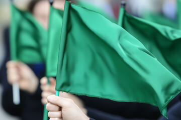 Close-up of green flags waved by demonstrators during peaceful rally or protest, symbolizing support, approval and hope