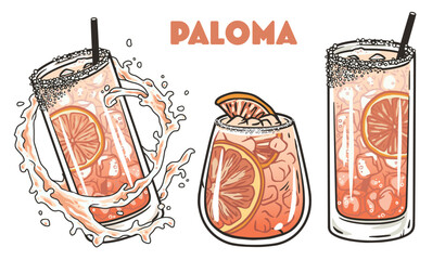 Paloma cocktail cocktail glass with gin, ice and slice of grapefruit for design of surfing, tiki or beach bar menu. Aperol spritz or aperol cocktail set for drink party, summer vibes
