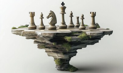 Chess pieces on floating rock island, strategy and planning concept