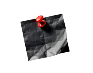 Crumpled black note paper with yellow pin on white background, on transparent background png