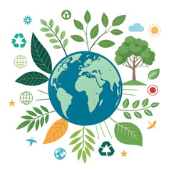 Earth with green leaves and eco icons.