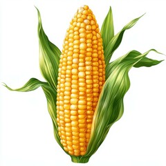 Freshly harvested corn cob with bright yellow kernels and green leaves showcased on a white background