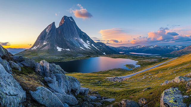 Stetind National Mountain and Vast Asphalt Road in Norway at Sunset, Featuring Rocky Peaks and Scenic Landscape - Summer Travel Destination in Scandinavian Northern Nature