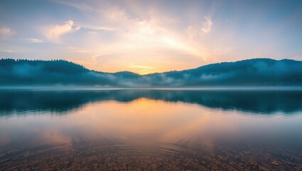 Fototapeta premium Serene Morning Lake Panorama, Peaceful Scenery
