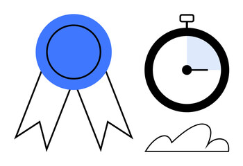 Blue achievement ribbon and stopwatch with cloud denote accomplishment, time management, efficiency, goals, success, deadlines, and productivity. Ideal for education, business competition