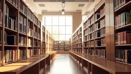 Obraz premium Serene Library Interior, Bookshelves and Calm Atmosphere